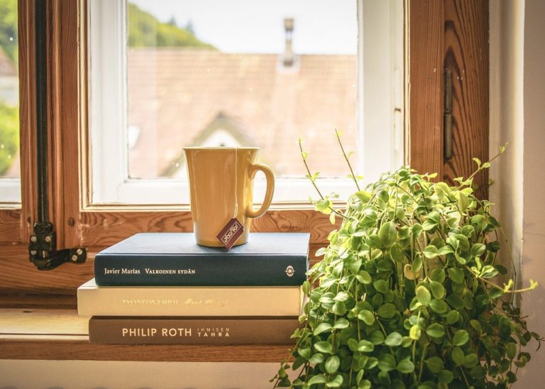 Image of Books Stacked by Window